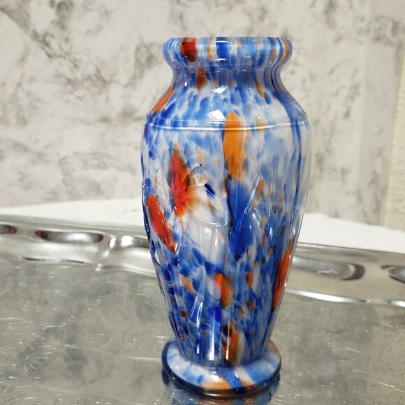 MCM Vintage Multicolor Blue Orange White Spotted Glass Vase Japan 5" - Picture 1 of 9